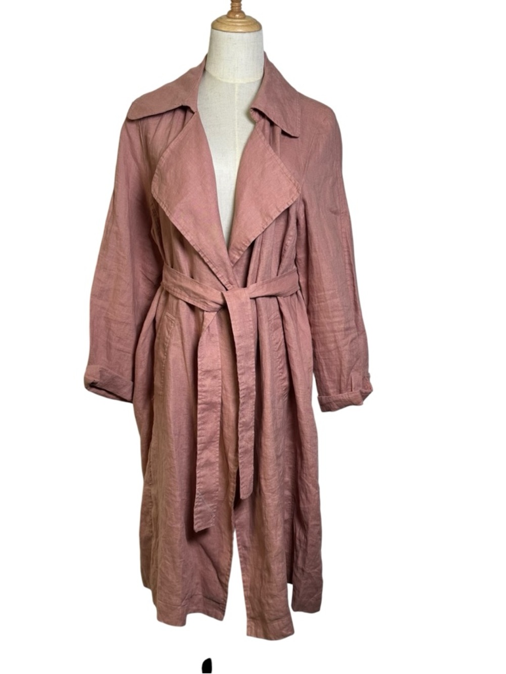 Catharine Malandrino Dusty Rose Linen Wrap Trench Duster Jacket Large Belted